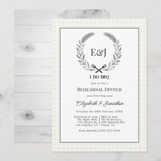 Rustikales Monogramm I Do BBQ Probedinner Einladung (Vorne/Hinten)