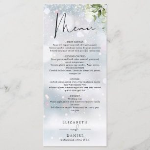Rustikales Monogramm-Winterhochzeitsdinner mit Grü Menükarte