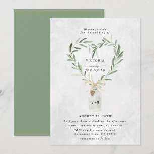 Rustikales Monogrammglas Herzgrün Hochzeit Einladung