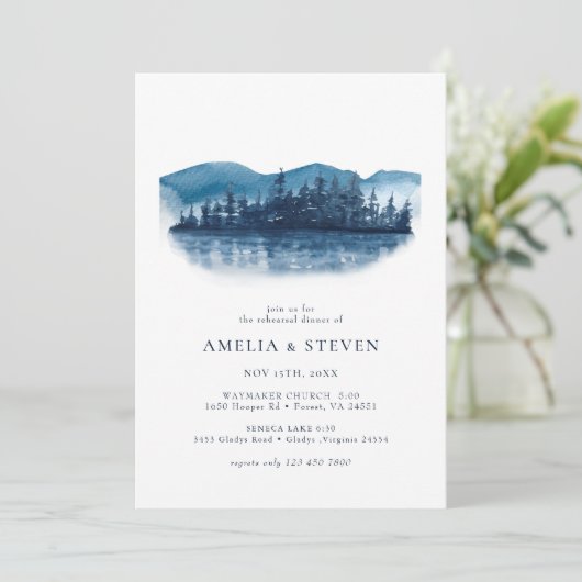 Rustikales Mountain Lake Probe Dinner Einladung (Stehend Vorderseite)
