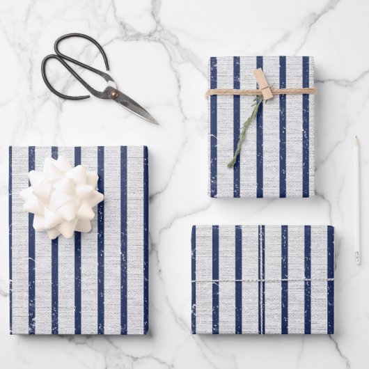 Rustikales Muster für graue Linen und blaue Streif Geschenkpapier Set (Vorderseite)