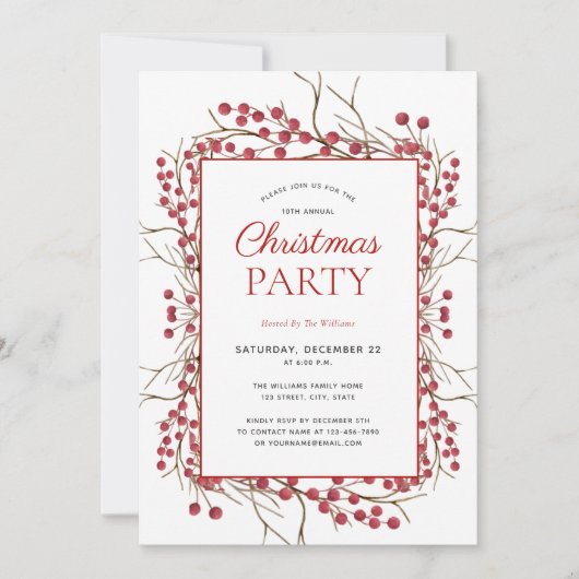 Rustikales Natural Red Berry Christmas Party Einladung (Vorderseite)
