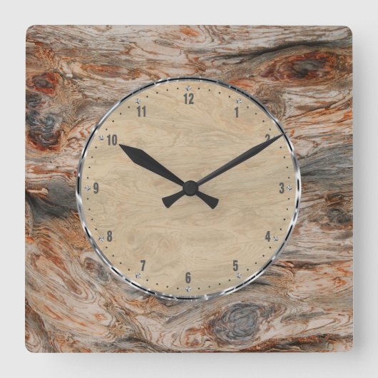 Rustikales natürliches Holz und metallischer Blick Quadratische Wanduhr (Vorderseite)