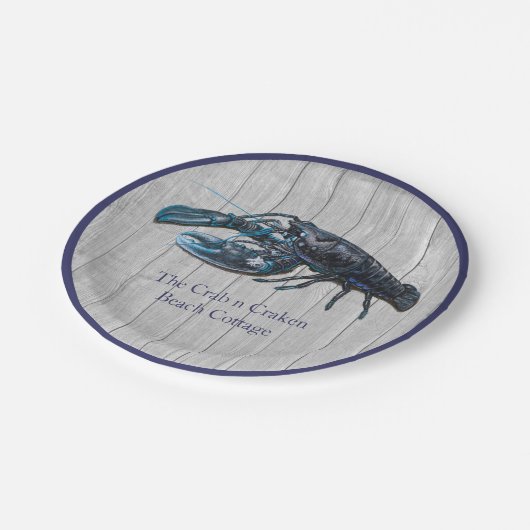 Rustikales Nautic Navy Hummer Küste Grau Holz Pappteller (Schrägansicht)