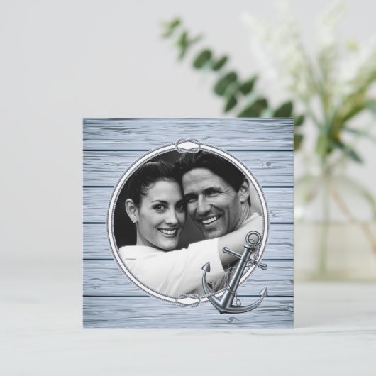 Rustikales Nautical Anchor Wood Foto Save the Date (Stehend Vorderseite)