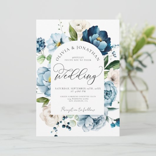 Rustikales Navy Blue All in 1 Budget QR Code Hochz Einladung (Stehend Vorderseite)