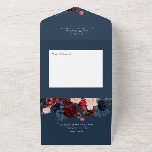 Rustikales Navy Blue Peach & Burgund Floral Dinner All In One Einladung (Außenbereich)