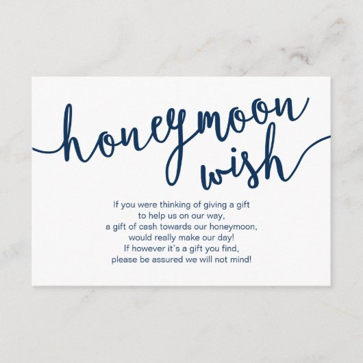 Rustikales Navy Blue Script, Hochzeitshoneymoon Wi Begleitkarte (Vorderseite)