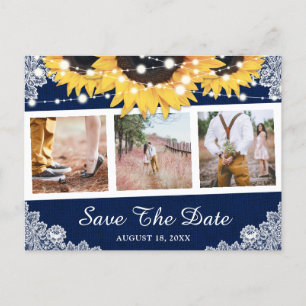 Rustikales Navy Blue Sunflower Foto Save the Date Ankündigungspostkarte