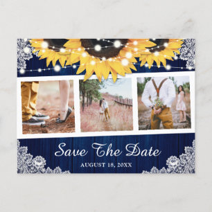 Rustikales Navy Blue Sunflower Foto Save the Date Ankündigungspostkarte