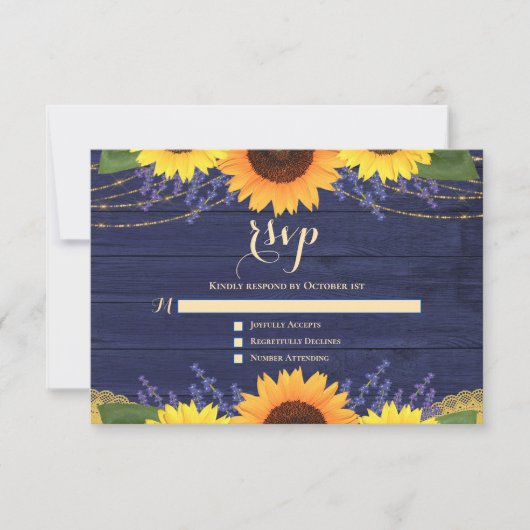 Rustikales Navy Blue Sunflower Lavender Wedding RS RSVP Karte (Vorderseite)