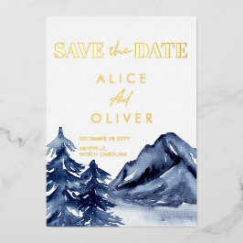 Rustikales Navy Blue Trees Mountain Save the Date Folieneinladung