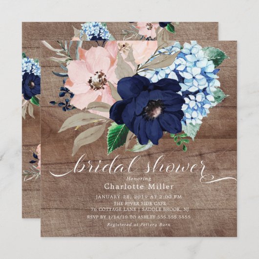 Rustikales Navy Blue und Blush Blume Brautparty Einladung (Vorne/Hinten)