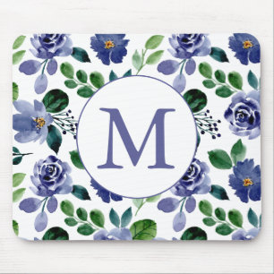 Rustikales Navy Blue Watercolor Floral Monogram Mousepad