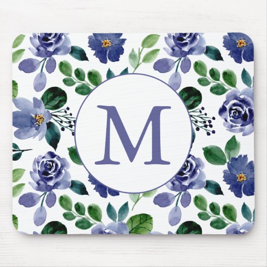 Rustikales Navy Blue Watercolor Floral Monogram Mousepad (Vorne)
