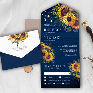 Rustikales Navy Blue Wood Boho Sonnenblumen Hochze All In One Einladung