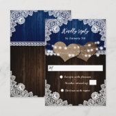 Rustikales Navy Blue Wood Burlap Lace Wedding RSVP Karte (Vorne/Hinten)