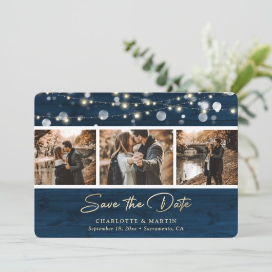 Rustikales Navy Blue Wood Wedding Foto Save the Da Save The Date (Stehend Vorderseite)