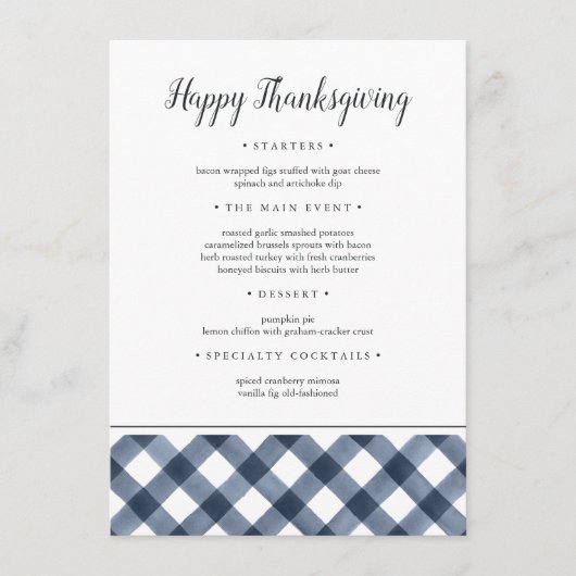 Rustikales Navy Buffalo Karierter Erntedank Abende Menükarte (Vorderseite)