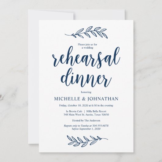 Rustikales Navy Farm Blue, Hochzeit Probe Dinner Einladung (Vorderseite)