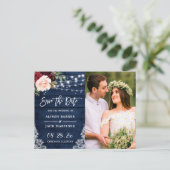 Rustikales Navy String Lights Foto Save the Date Postkarte (Stehend Vorderseite)