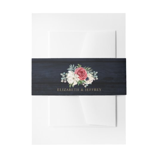 Rustikales Navy Wood Elegant Red Floral White Wedd Einladungsbanderole (Vorderseite Beispiel)