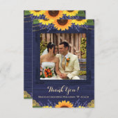 Rustikales Navy Wood Lights Sonnenblumen Hochzeits Dankeskarte (Vorne/Hinten)