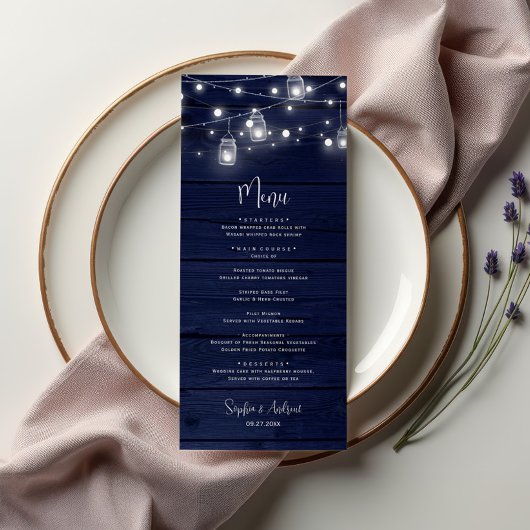 Rustikales Navy Wood Mason Jars Light Flat Menu Menükarte