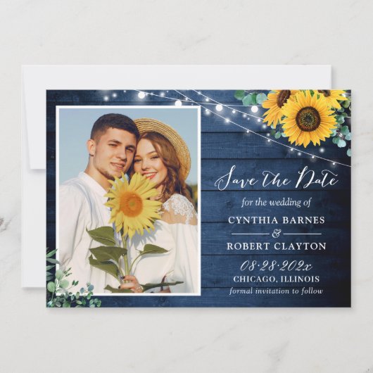 Rustikales Navy Wood Sonnenblumen String Lights Fo Save The Date (Vorderseite)