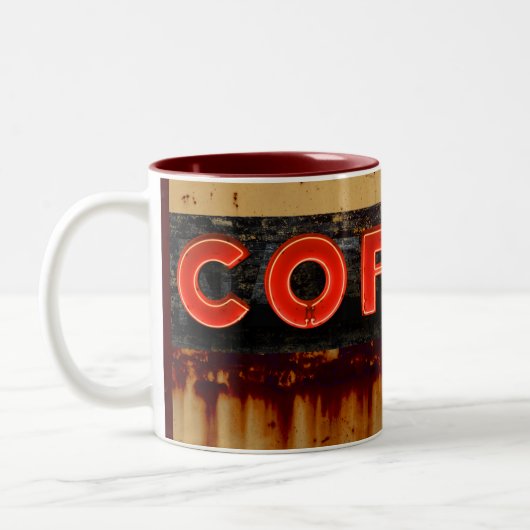 Rustikales Neonkaffee-Zeichen Zweifarbige Tasse (Links)