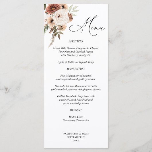 Rustikales neutrales Boho-Blumenmenü Menükarte (Vorderseite)