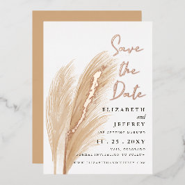 Rustikales, neutrales Boho Pampas Save the Date Folieneinladung