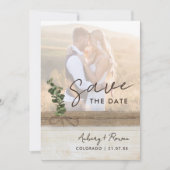 Rustikales neutrales Burlap Wood Eukalyptus Boho F Save The Date (Vorderseite)