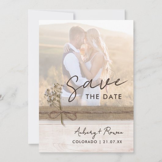 Rustikales neutrales Burlap Wood Wildblume Boho Fo Save The Date (Vorderseite)