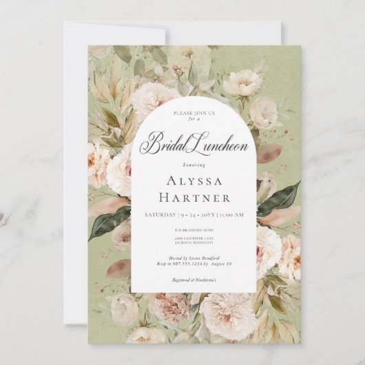 Rustikales, neutrales Tan Green Floral Arch Bridal Einladung (Vorderseite)
