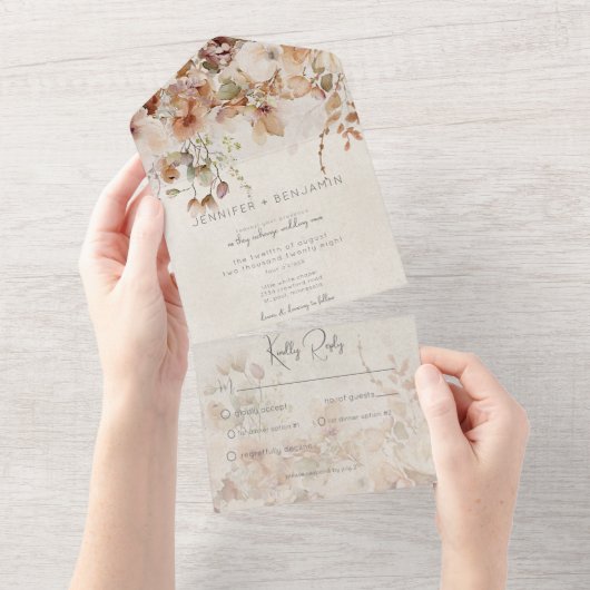 Rustikales neutrales Tan Pink & Peach Floral Dinne All In One Einladung (Abreißen)