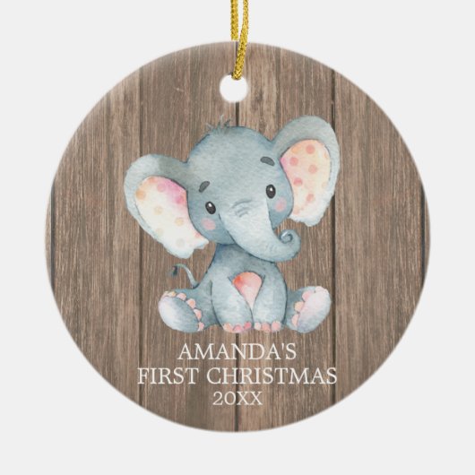 Rustikales Niedliches Elefant Baby Erstes Weihnach Keramik Ornament (Vorne)