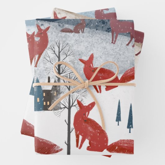 Rustikales Nordic Winter Red Fox Snow Mountain Vil Geschenkpapier Set (Beispiel)