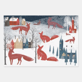 Rustikales Nordic Winter Red Fox Snow Mountain Vil Geschenkpapier Set