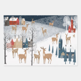 Rustikales Nordic Winter Rentierdorf Geschenkpapier Set