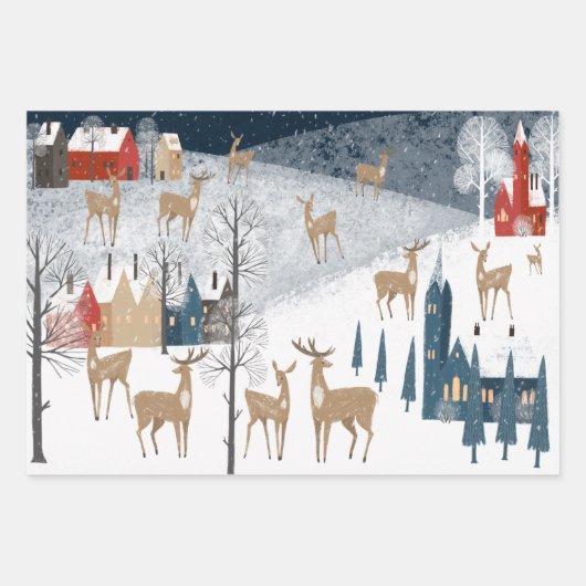 Rustikales Nordic Winter Rentierdorf Geschenkpapier Set (Vorderseite)