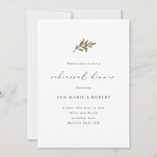 Rustikales Olive Branch Hochzeit Probe Dinner Einladung (Vorderseite)