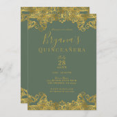 Rustikales Olivenöl & Gold Spitzenplatz Elegantes Einladung (Vorne/Hinten)