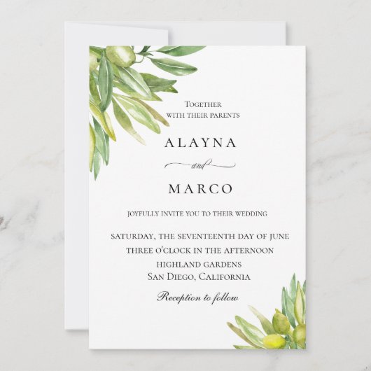 Rustikales Olivenöl Toskana Hochzeit Einladung (Vorderseite)