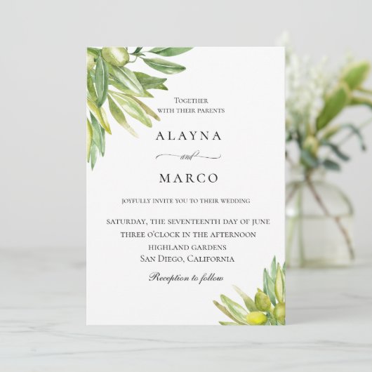 Rustikales Olivenöl Toskana Hochzeit Einladung (Stehend Vorderseite)