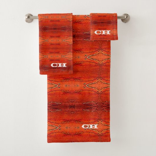 Rustikales Orange Aztec Streifen Muster Monogramm Badhandtuch Set (Insitu)