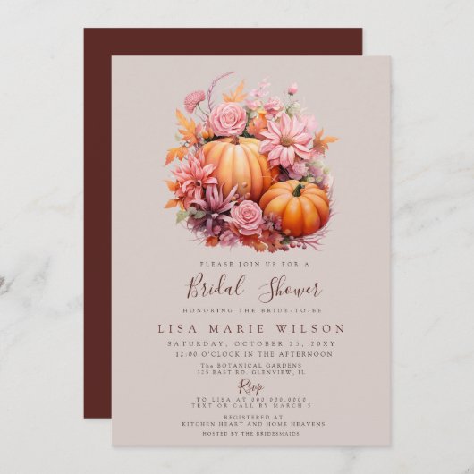 Rustikales Orange Burgundy Pumpkins Fall Brautpart Einladung (Vorne/Hinten)