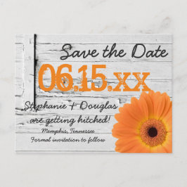 Rustikales Orange Daisy Wood Save the Date Postkar Ankündigungspostkarte