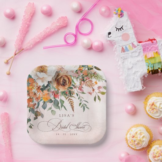 Rustikales Orange Floral Fall Brautparty Pappteller (Party)