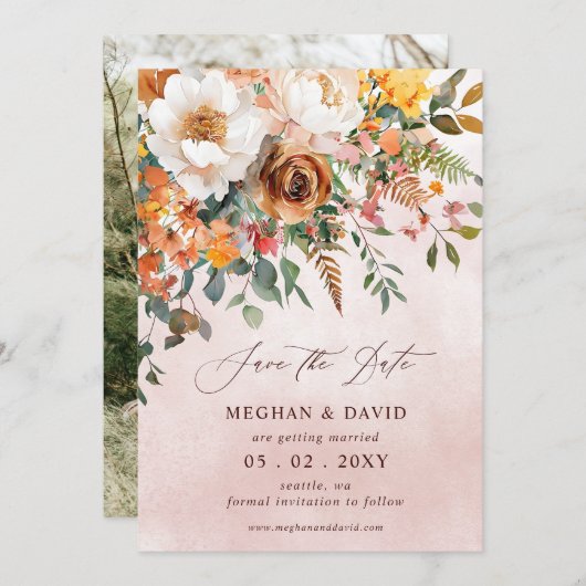Rustikales Orange Floral Fall Foto Save The Date (Vorne/Hinten)